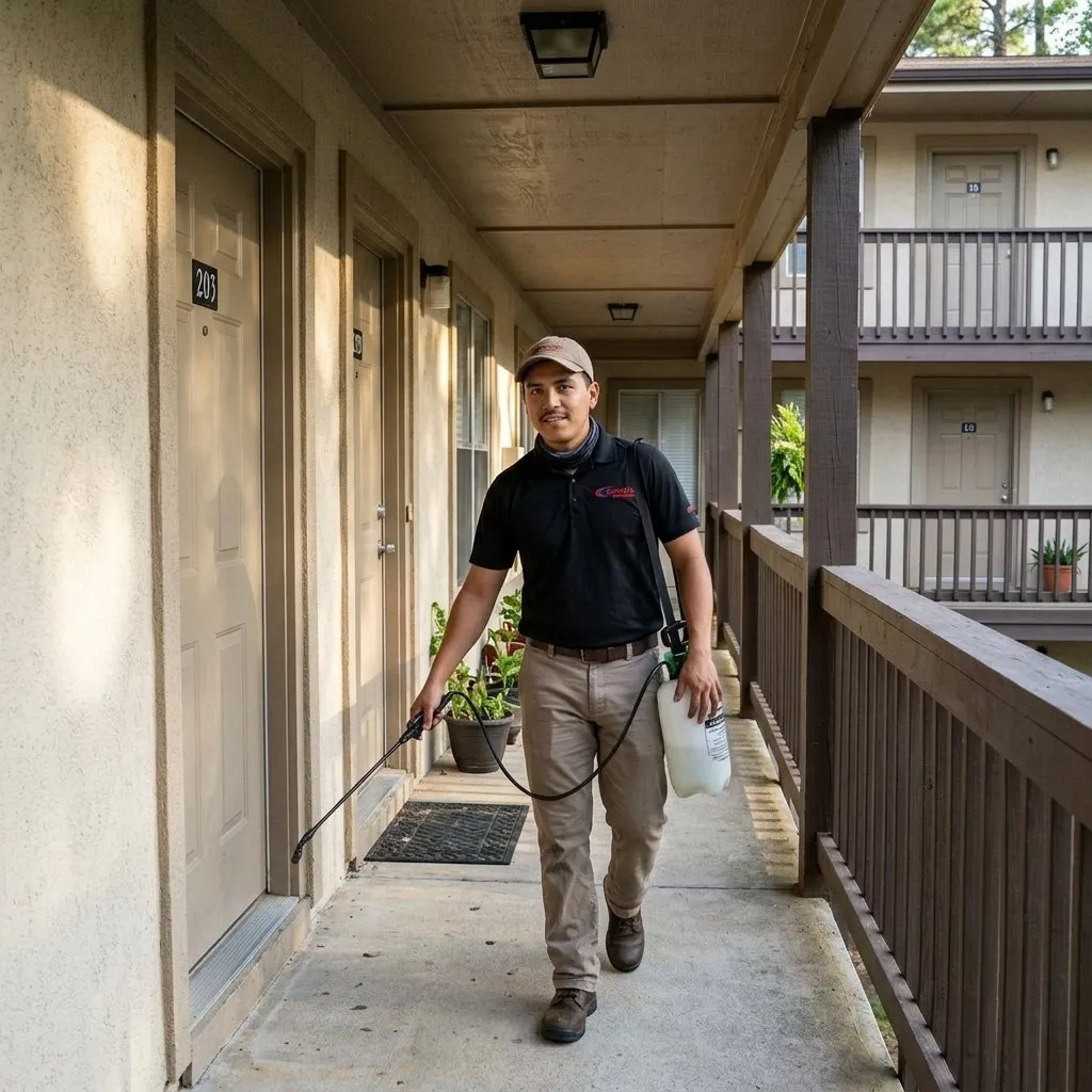 Apartment Pest Control in Columbus, GA: Jarrod's technician treating an apartment breezeway with a hand sprayer