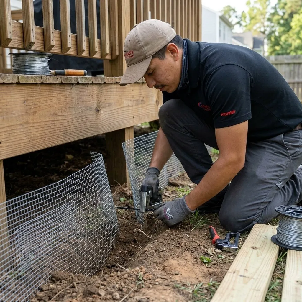 Skunk Control in Columbus, GA: Jarrod's technician installing wire mesh along the base of a wooden deck