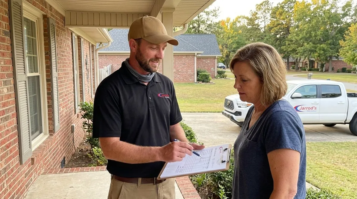 Jarrod's technician going over a pest control plan with a homeowner