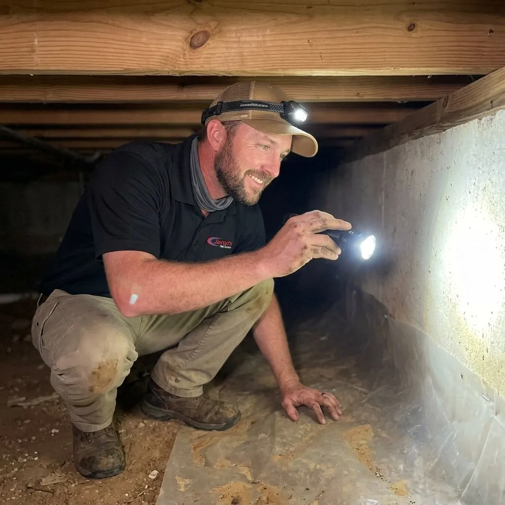 Rodent Exterminator in Columbus, GA: Jarrod's technician inspecting a crawl space with a flashlight