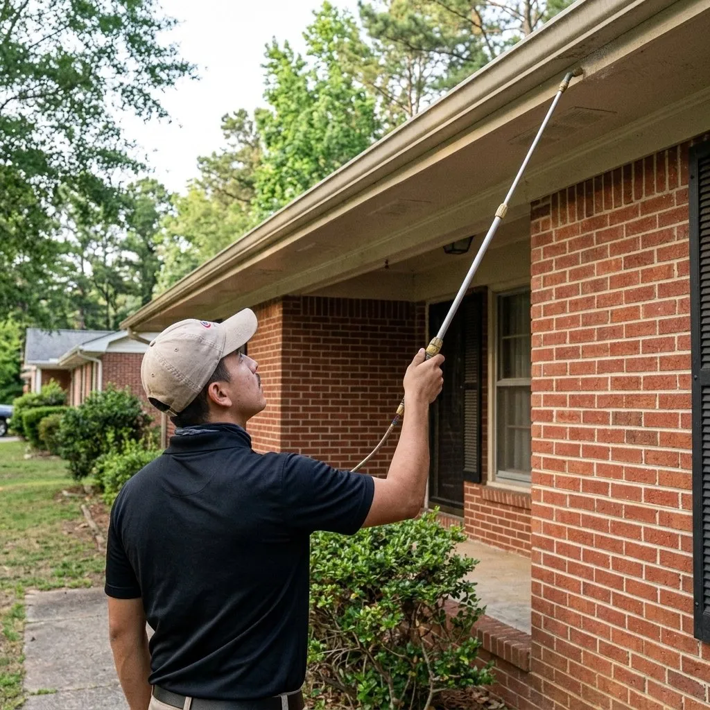 Ant Control in Columbus, GA: Jarrod's technician treating the eaves of a brick home