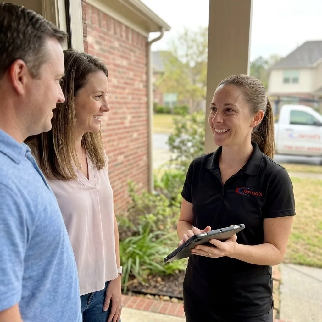 Ant Exterminator in Columbus, GA: Jarrod's technician talking with homeowners on their front porch