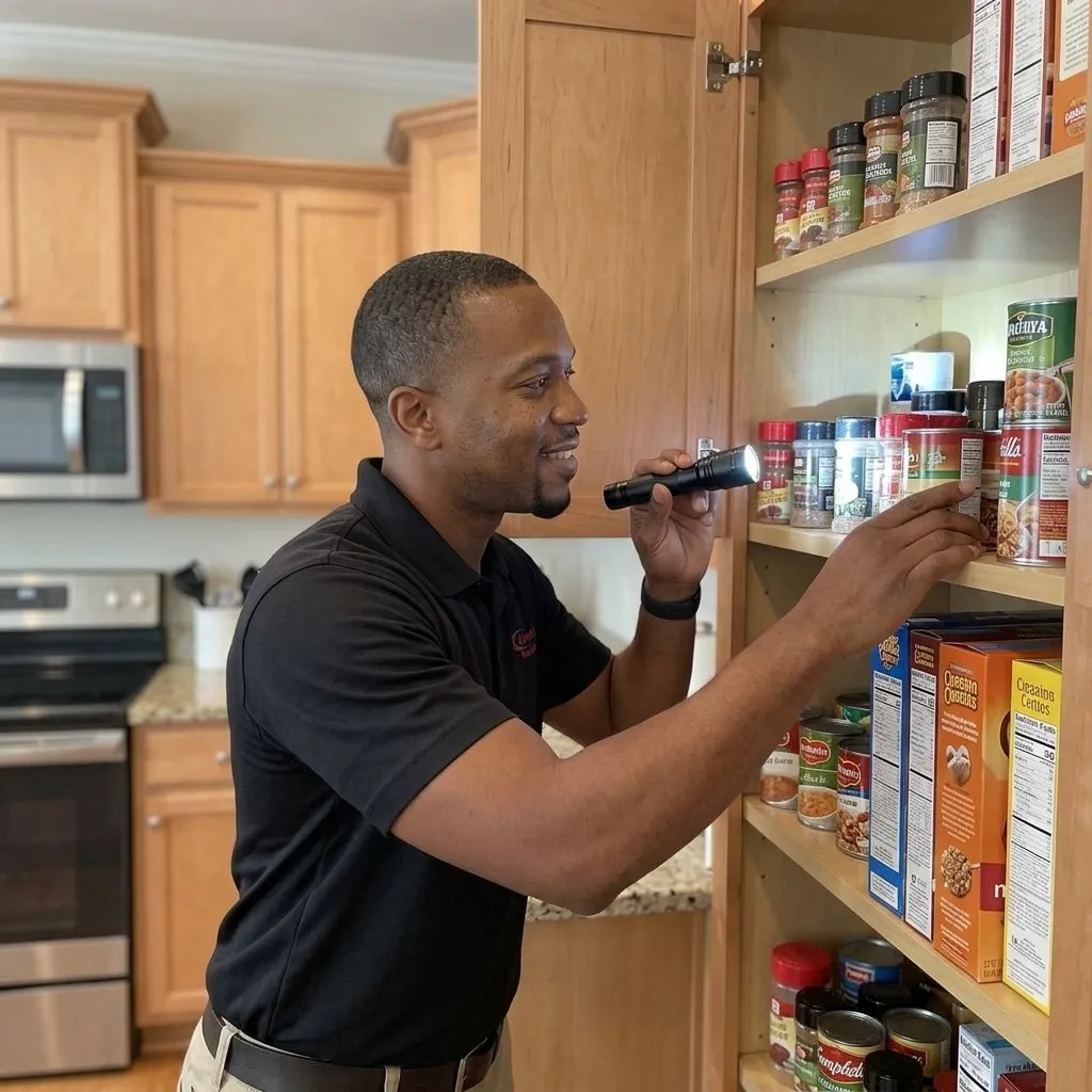 Fly Exterminator in Columbus, GA: Jarrod's technician checking a pantry shelf with a flashlight