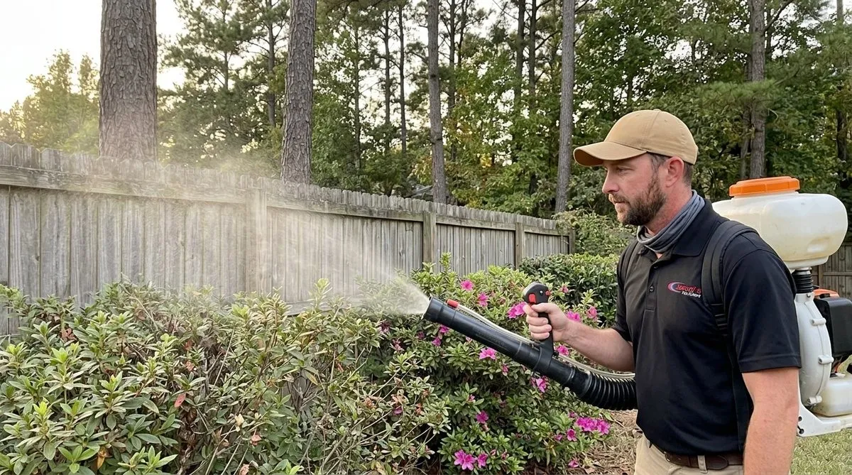Mosquito Control in Columbus, GA: Jarrod's technician treating shrubs outside a home