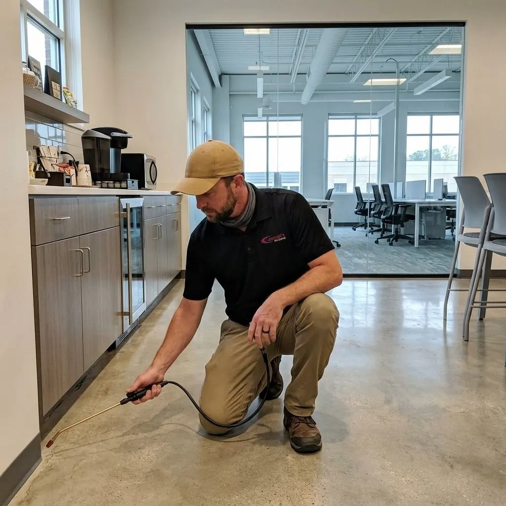 Office Building Pest Control in Columbus, GA: Jarrod's technician treating along the cabinets of an office break room