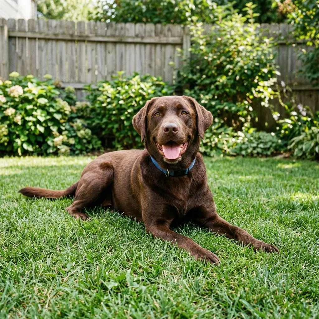 Flea and Tick Exterminator in Columbus, GA: A dog relaxing in a backyard lawn