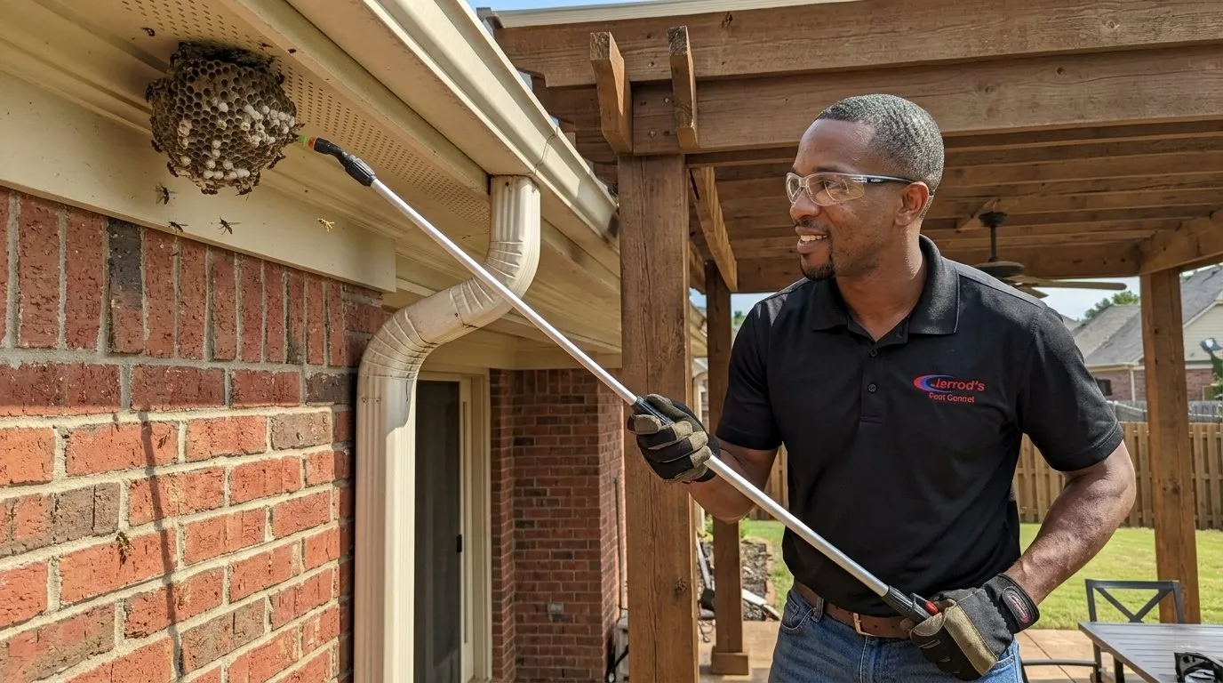 Wasp & Hornet Removal in Columbus, GA: Jarrod's technician treating a wasp nest under a gutter