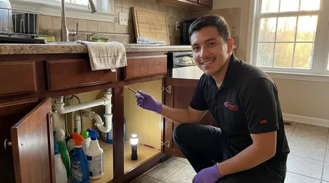 Jarrod's technician checking a kitchen for cockroaches