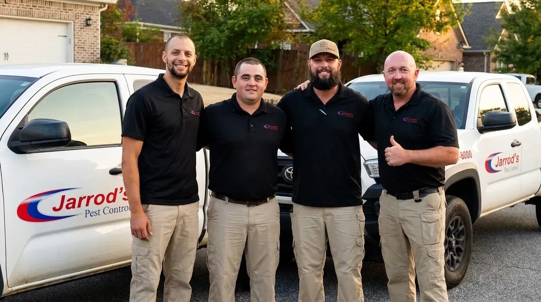 Four Jarrod's technicians standing in front of company trucks