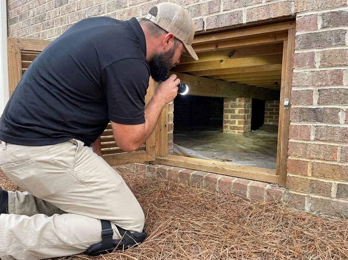 Insulation Contractor in Columbus, GA: Jarrod's technician checking a crawl space with a flashlight