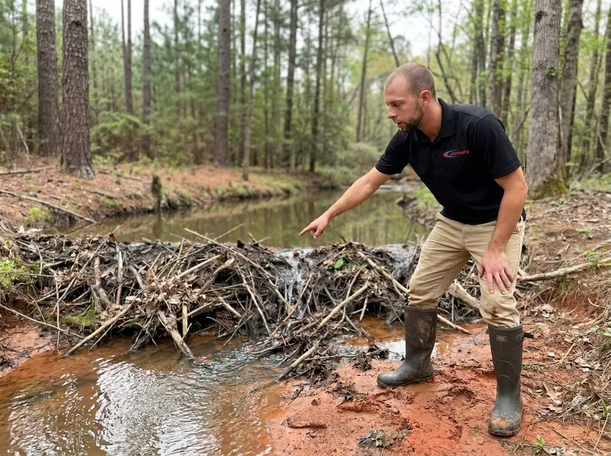 Beaver Removal in Columbus, GA: Jarrod's technician in rubber boots on a red clay creek bank, pointing at a beaver dam across the creek