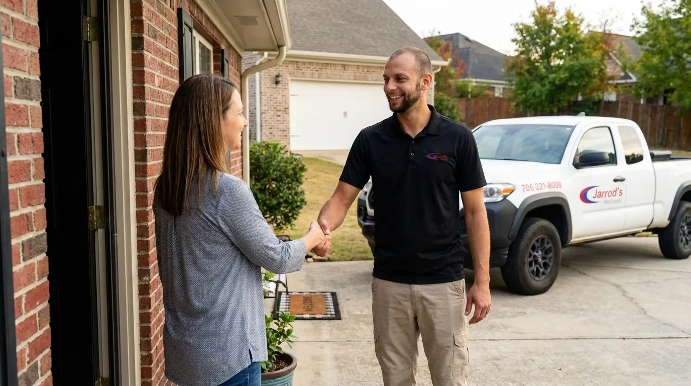 Exterminator in Columbus, GA: Jarrod's technician greeting a homeowner at her front door