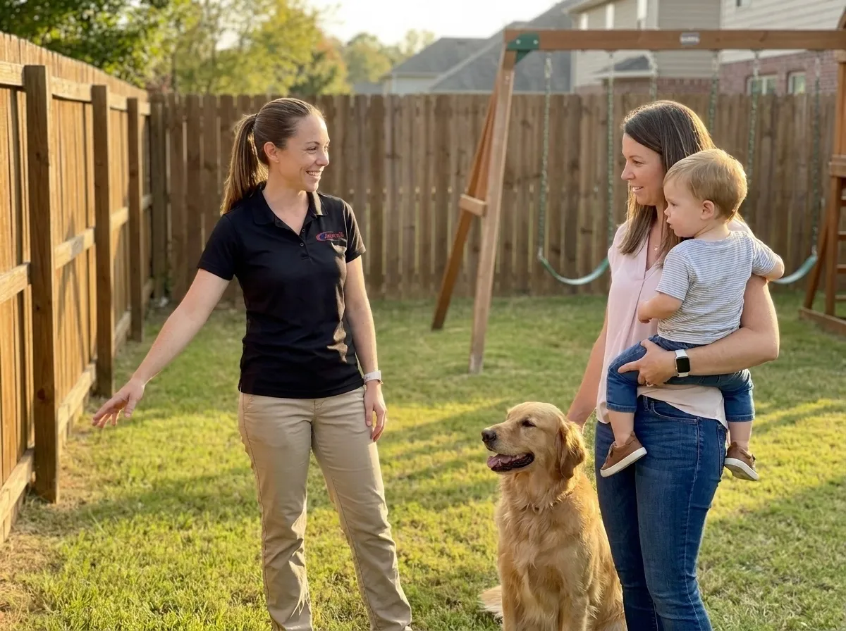 Flea & Tick Control in Columbus, GA: Jarrod's technician talking with a mother, her toddler and their golden retriever in a fenced backyard