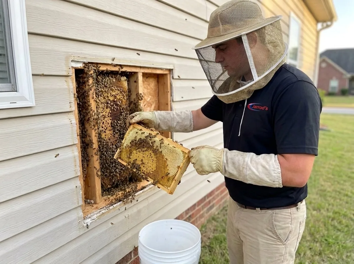 Bee Removal in Columbus, GA: Jarrod's technician in a beekeeper veil lifting a frame of honeycomb and bees out of an opened section of siding