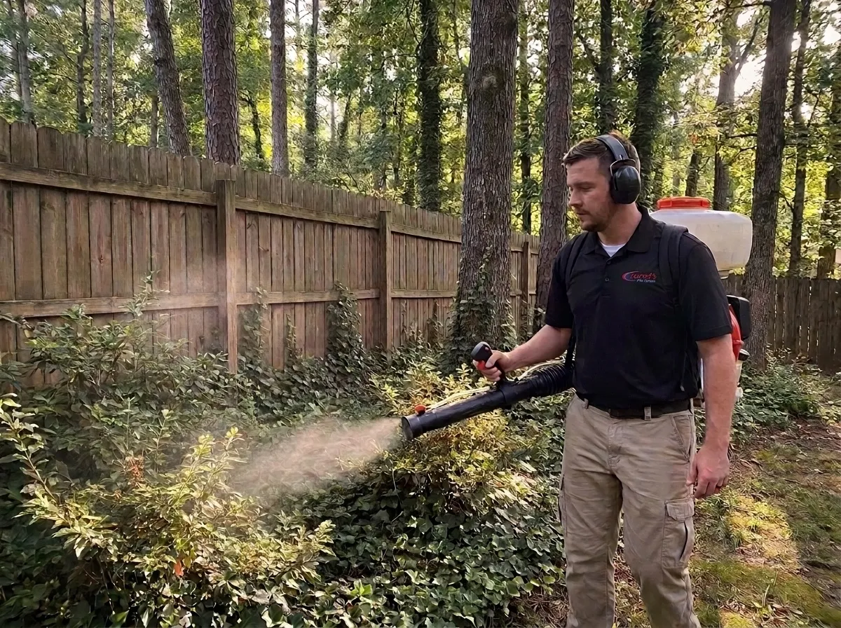 Mosquito Control in Columbus, GA: Jarrod's technician treating shrubs along a backyard fence for mosquitoes