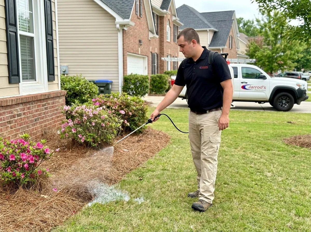 Fly Control in Columbus, GA: Jarrod's technician treating a pine straw bed in front of a home, with a Jarrod's truck behind him