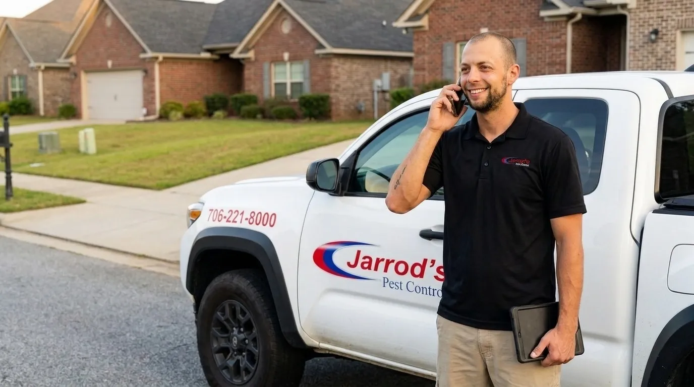 Coyote Removal in Columbus, GA: Jarrod's technician talking on the phone beside a Jarrod's truck in a neighborhood