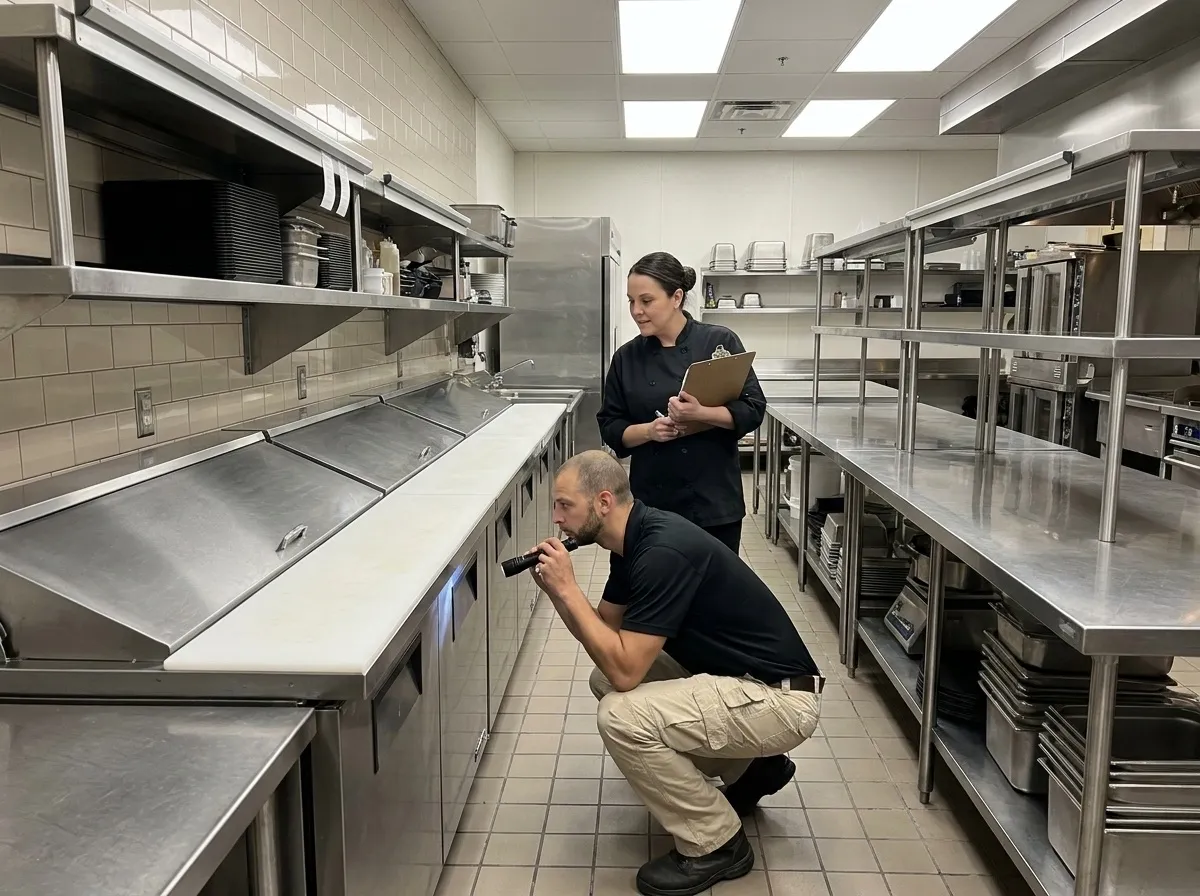 Fly Control in Columbus, GA: Jarrod's technician inspecting under a stainless steel counter in a restaurant kitchen while a staff member takes notes