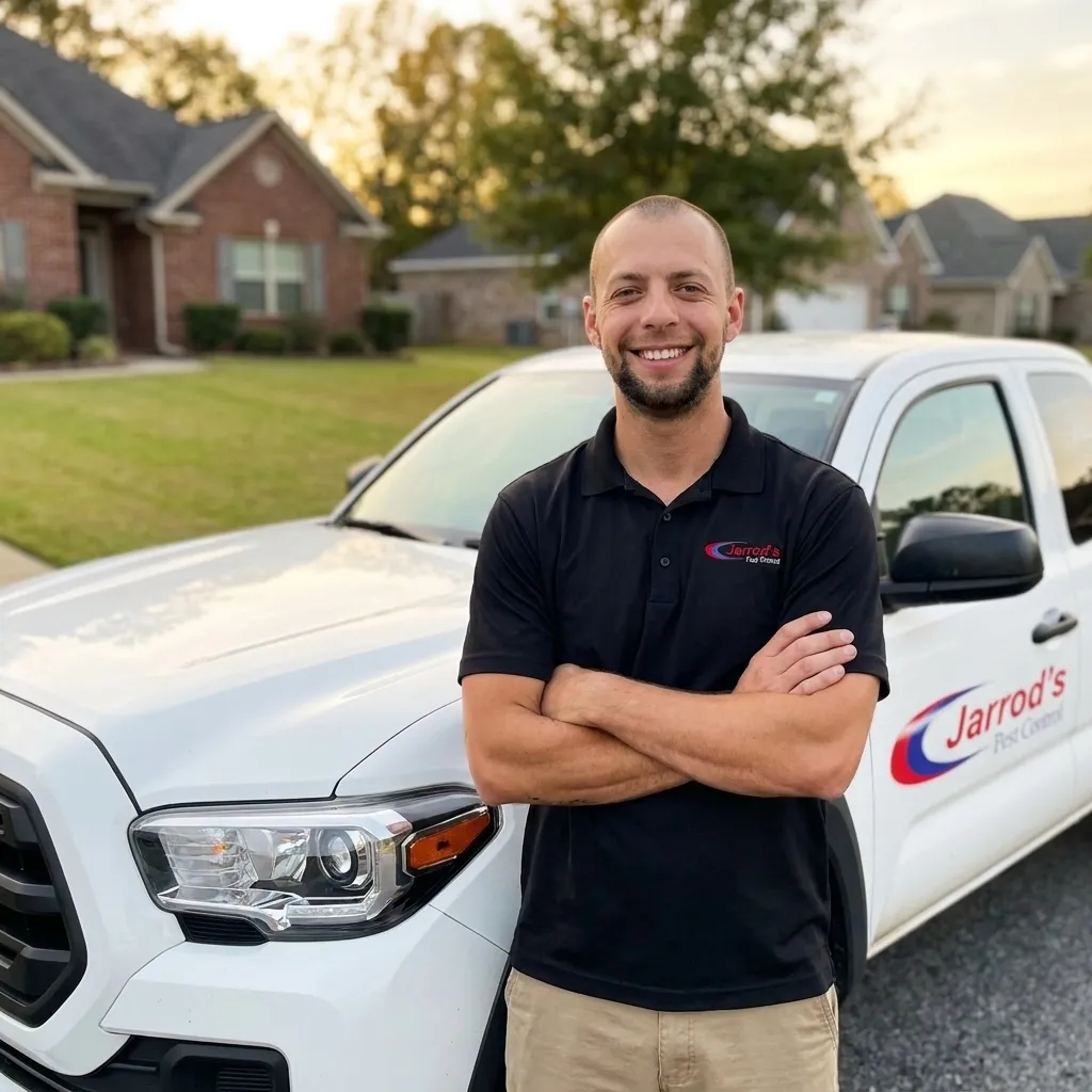 Pest Control in Columbus, GA: smiling Jarrod's technician in front of a company truck