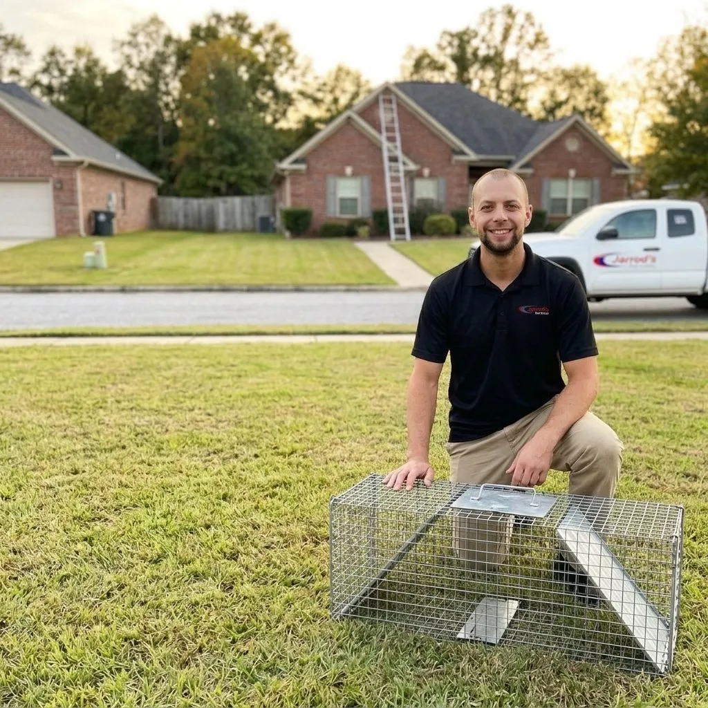 Wildlife Removal in Columbus, GA: Jarrod's wildlife technician kneeling beside a cage trap in a front yard