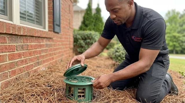 Jarrod's technician checking a termite bait station beside a brick home