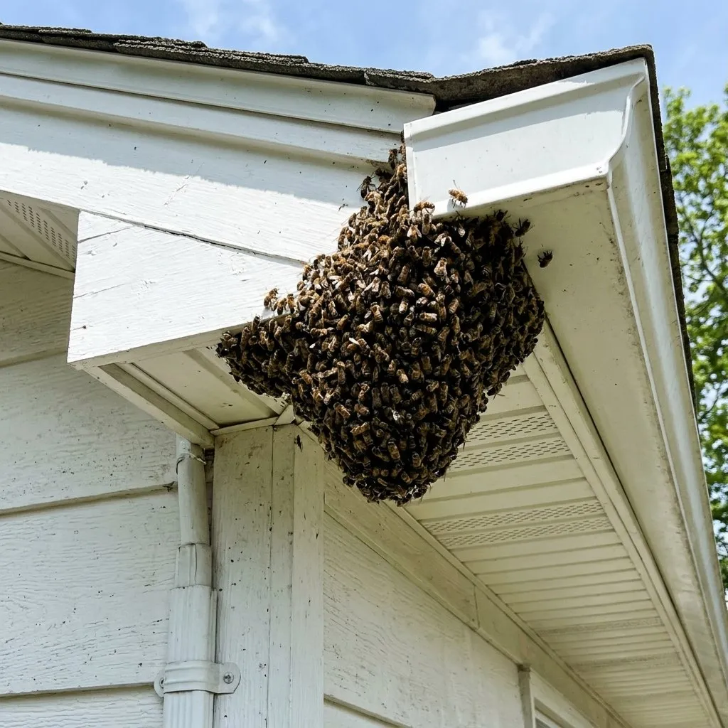 Bee Exterminator in Columbus, GA: A swarm of honey bees hanging under the eave of a home