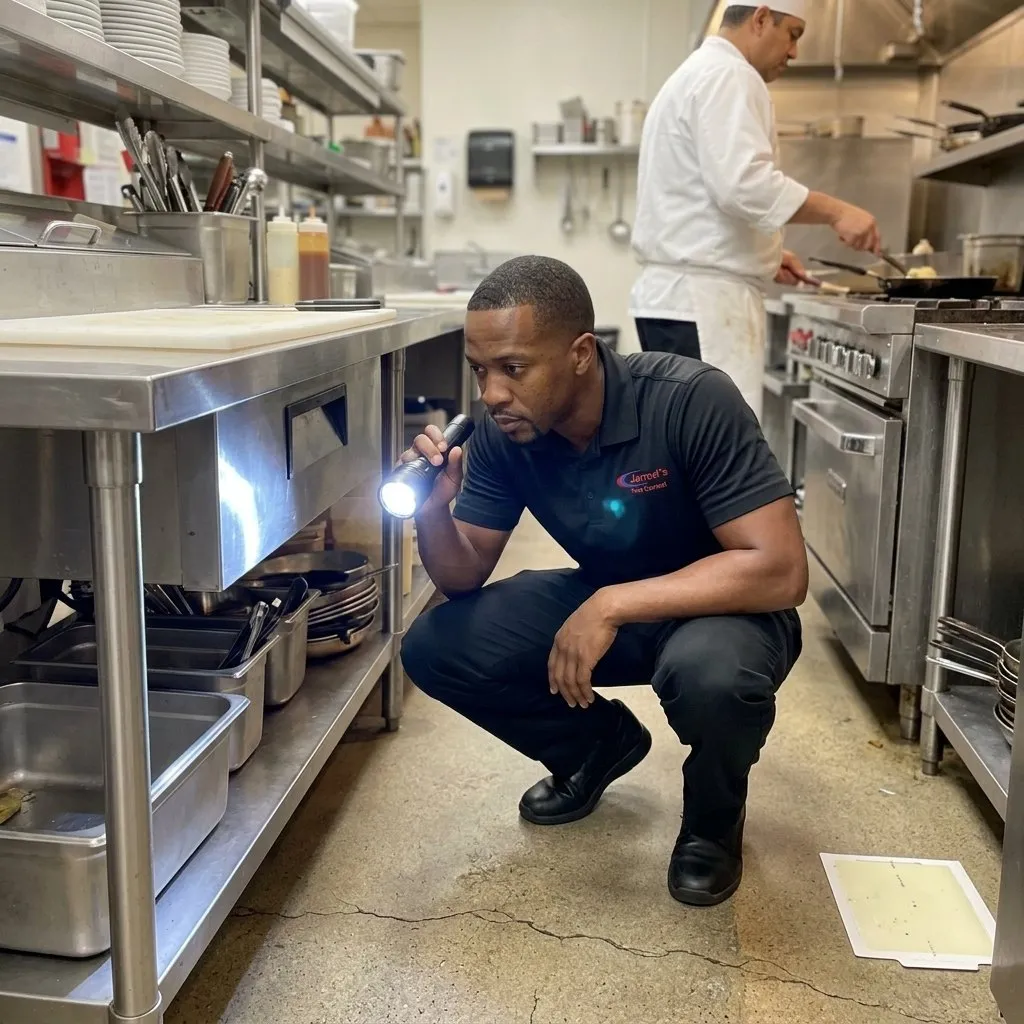 Commercial Pest Control in Columbus, GA: Jarrod's technician inspecting a commercial kitchen